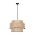 Lampa wisząca Calisto D50 z kloszem w kolorze brązowym, składającym się z trzech warstw, zawieszona na czarnym przewodzie. U góry znajduje się czarna podsufitka. Zastosowanie żarówki E27.