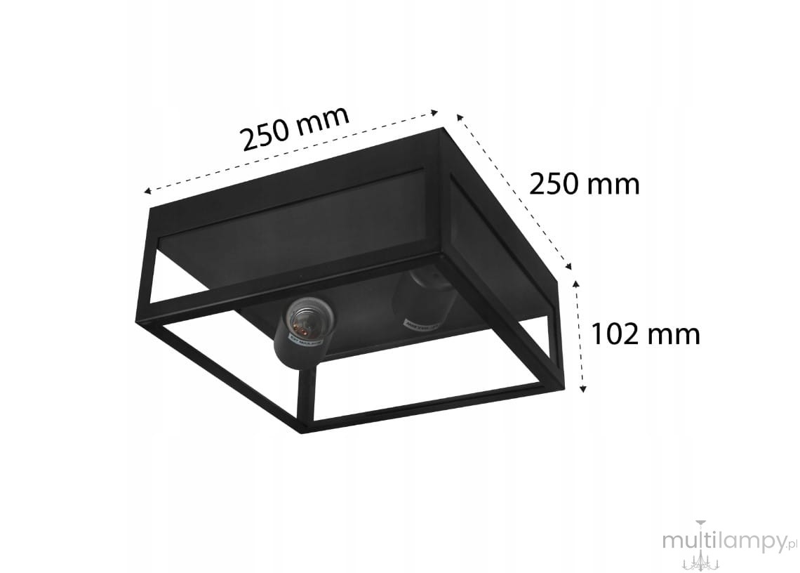 Lidio lampa sufitowa elewacyjna w kolorze czarnym, o wymiarach 250 mm x 250 mm x 102 mm, z miejscem na dwie żarówki E27. Ujęcie z góry, pokazujące prostokątną konstrukcję z metalową ramą. Idealna do użytku zewnętrznego, odporna na wilgoć (IP44).