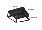 Lidio lampa sufitowa elewacyjna w kolorze czarnym, o wymiarach 250 mm x 250 mm x 102 mm, z miejscem na dwie żarówki E27. Ujęcie z góry, pokazujące prostokątną konstrukcję z metalową ramą. Idealna do użytku zewnętrznego, odporna na wilgoć (IP44).