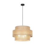 Lampa wisząca Calisto D50 w kolorze czarnym i brązowym, z trzema gniazdami E27. Posiada trzy okrągłe abażury w naturalnym kolorze, zawieszone na cienkim czarnym przewodzie. Prosta, nowoczesna forma, idealna do różnych wnętrz.