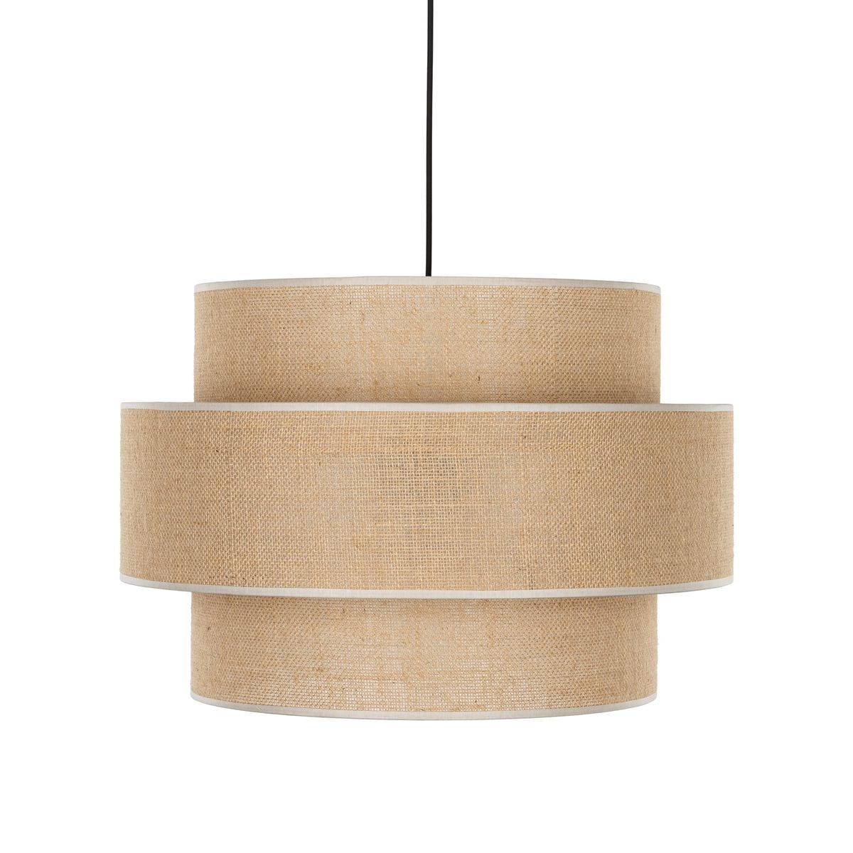 Lampa wisząca Calisto D50 w kolorze czarnym i brązowym, z trzema oprawami E27. Posiada okrągłe, teksturowane abażury w odcieniu naturalnego brązu, zawieszone na czarnym kablu. Ujęcie z dołu, ukazujące detale konstrukcji.