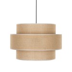 Lampa wisząca Calisto D50 w kolorze czarnym i brązowym, z trzema oprawami E27. Posiada okrągłe, teksturowane abażury w odcieniu naturalnego brązu, zawieszone na czarnym kablu. Ujęcie z dołu, ukazujące detale konstrukcji.