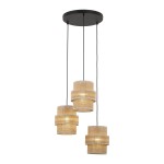 Lampa wisząca Calisto z trzema kloszami E27 w kolorze czarnym i brązowym. Klosze w kształcie cylindrów, z teksturowanego materiału, zawieszone na cienkich czarnych linkach, na okrągłej podstawie montażowej.