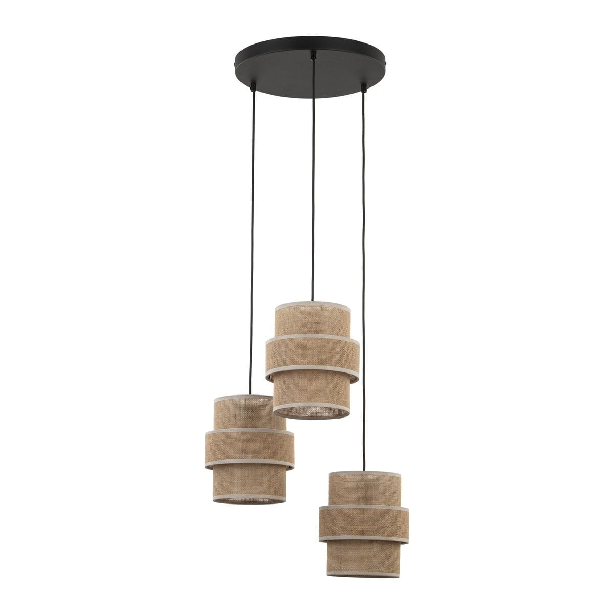Lampa wisząca Calisto 3xE27 w kolorze czarnym i brązowym, z trzema cylindrycznymi kloszami z materiału w jasnobrązowym odcieniu, zawieszona na czarnych linkach z okrągłym mocowaniem sufitowym.