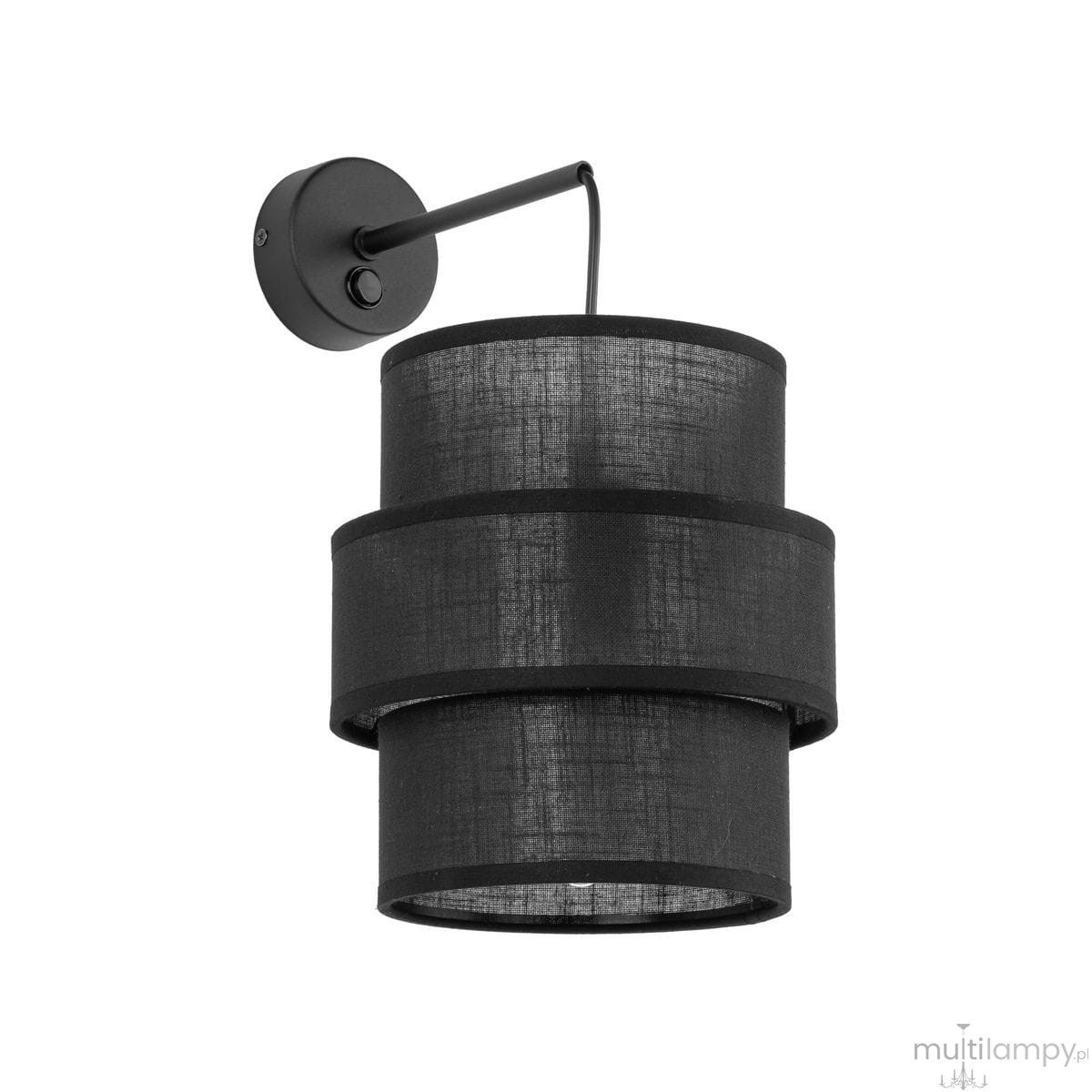 Kinkiet Calisto w kolorze czarnym, z jedną oprawą E27. Posiada dwie warstwy materiału w formie cylindrów, zamontowany na prostym, czarnym uchwycie. Widoczny przycisk włącznika na ścianie. Idealny do nowoczesnych wnętrz.