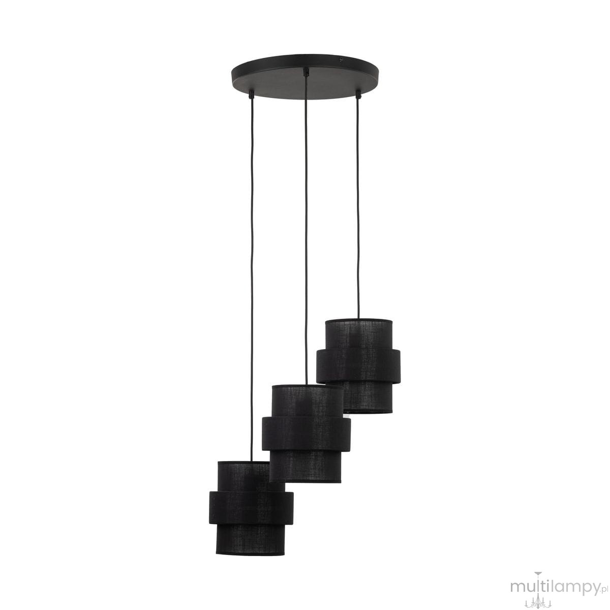 Lampa wisząca Calisto w czarnym kolorze z trzema abażurami w kształcie cylindrów, zawieszona na długich linkach. Abażury mają teksturowaną powierzchnię, a całość zamocowana do okrągłej podstawy sufitowej.
