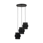 Lampa wisząca Calisto w czarnym kolorze z trzema abażurami w kształcie cylindrów, zawieszona na długich linkach. Abażury mają teksturowaną powierzchnię, a całość zamocowana do okrągłej podstawy sufitowej.