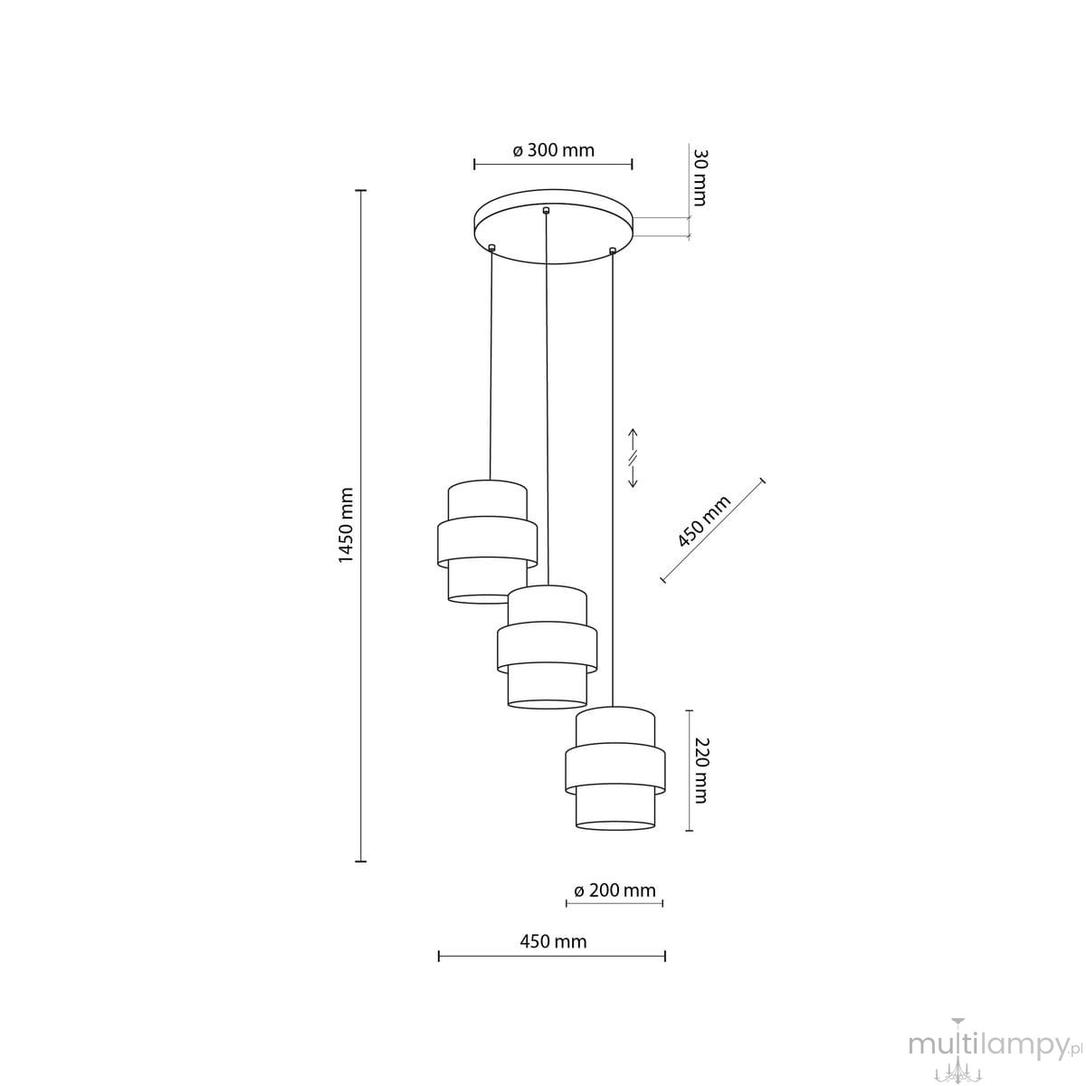 Lampa wisząca Calisto 3xE27 w kolorze czarnym, z trzema okrągłymi kloszami umieszczonymi na różnych wysokościach, zawieszona na długich linkach. Średnica kloszy wynosi 200 mm, a całkowita wysokość lampy to 1450 mm.
