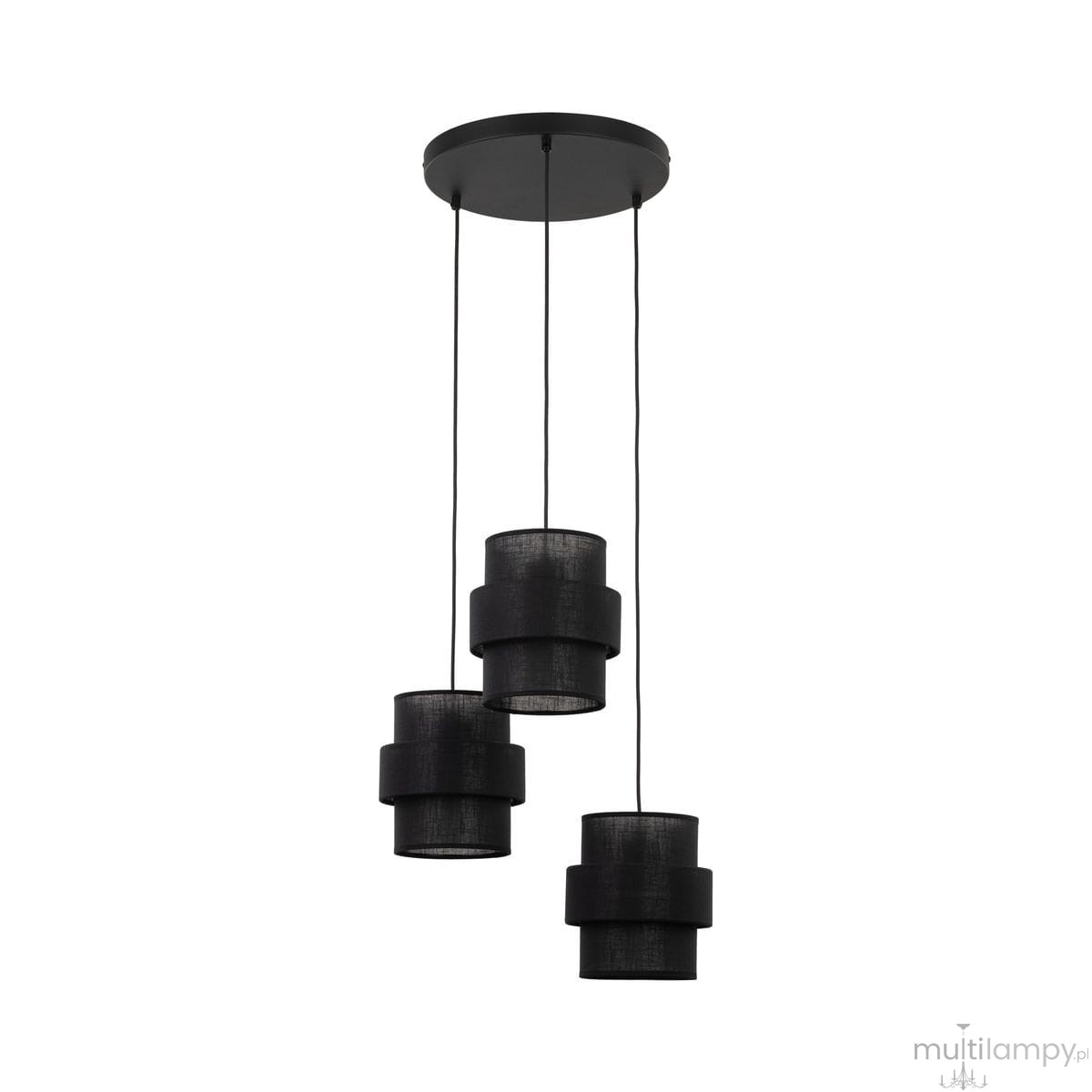 Lampa wisząca Calisto w kolorze czarnym z trzema kloszami w kształcie cylindrów, zawieszona na cienkich linkach. Klosze mają teksturowaną powierzchnię, a całość montowana na okrągłej podsufitce.