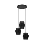 Lampa wisząca Calisto w kolorze czarnym z trzema kloszami w kształcie cylindrów, zawieszona na cienkich linkach. Klosze mają teksturowaną powierzchnię, a całość montowana na okrągłej podsufitce.