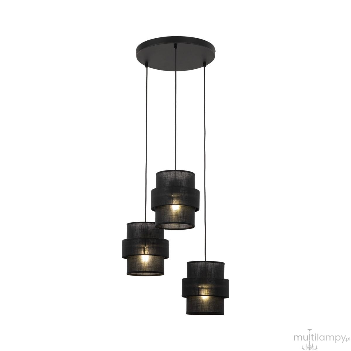 Czarna lampa wisząca Calisto z trzema kloszami E27, zawieszona na cienkich linkach. Klosze mają cylindryczny kształt i są wykonane z materiału, który delikatnie przepuszcza światło, tworząc efektowne oświetlenie. Montaż sufitowy.
