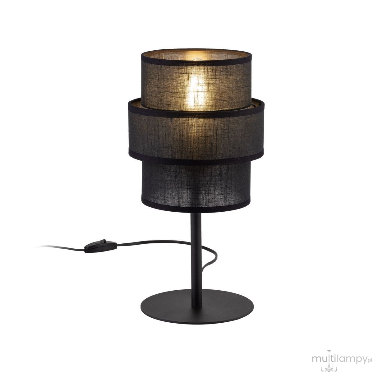Lampka stołowa Calisto z czarnym abażurem w formie dwóch cylindrów, na metalowej podstawie. Widoczny przewód z przełącznikiem. Oświetlenie E27, nowoczesny design, idealna do wnętrz.