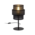 Lampka stołowa Calisto z czarnym abażurem w formie dwóch cylindrów, na metalowej podstawie. Widoczny przewód z przełącznikiem. Oświetlenie E27, nowoczesny design, idealna do wnętrz.