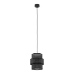 Lampa wisząca Calisto D20 w kolorze czarnym z jednym uchwytem E27. Posiada dwa okrągłe klosze ułożone jeden na drugim oraz długi kabel zawieszenia. Ujęcie frontalne, na jednolitym tle.