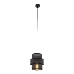 Lampa wisząca Calisto D20 z jednym gniazdem E27, w kolorze czarnym. Składa się z trzech okrągłych, lekko przezroczystych kloszy, zawieszona na cienkim przewodzie. Widok z boku, na białym tle.