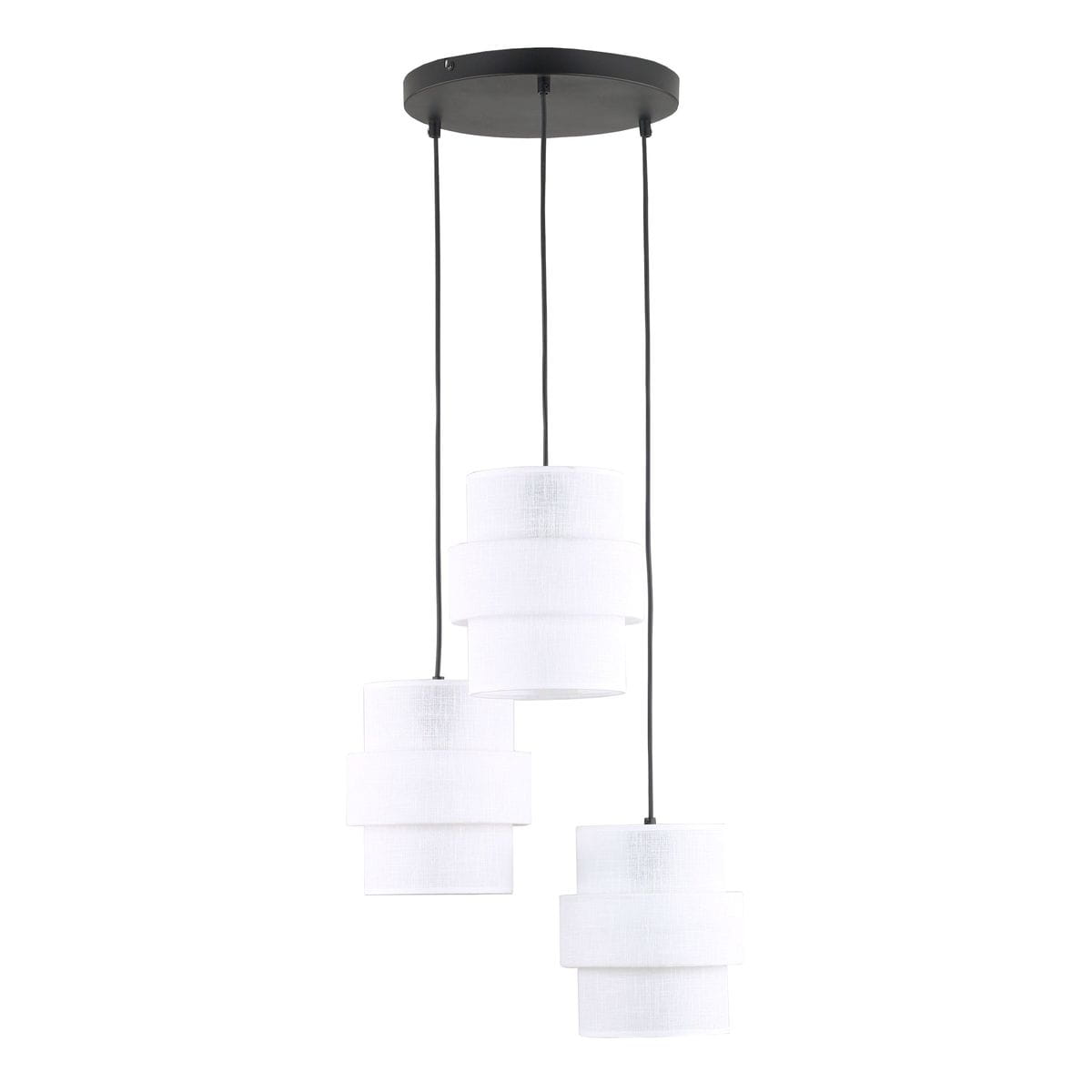 Lampa wisząca Calisto z trzema abażurami w kolorze białym, zawieszona na czarnych przewodach. Abażury mają cylindryczny kształt, a ich struktura jest lekko teksturowana. Montowana na okrągłej, czarnej podstawie sufitowej.