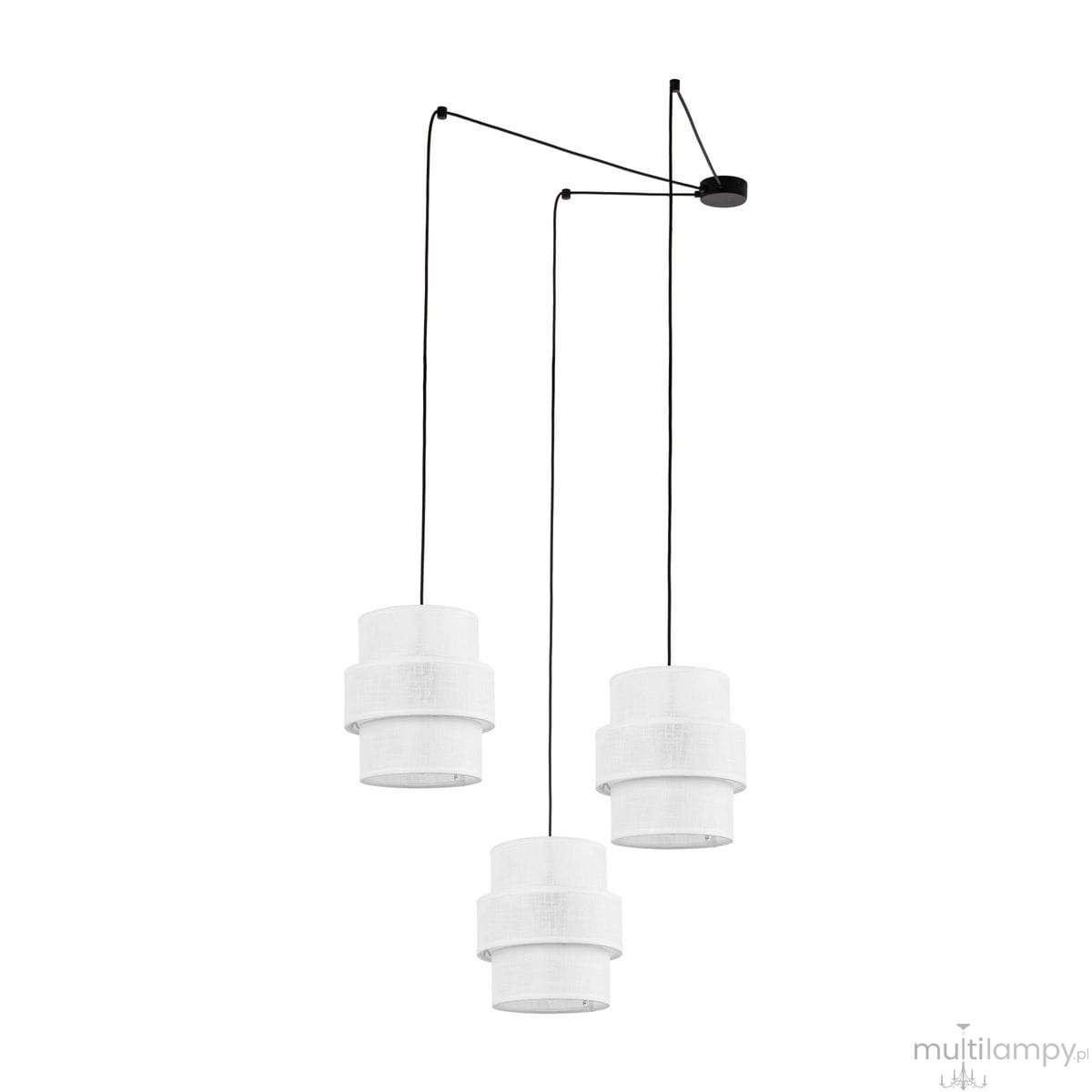 Lampa wisząca Calisto z trzema kloszami w kolorze białym, zawieszona na czarnych linkach, z montażem sufitowym. Klosze mają cylindryczny kształt, a ich powierzchnia jest teksturowana. Idealna do nowoczesnych wnętrz.