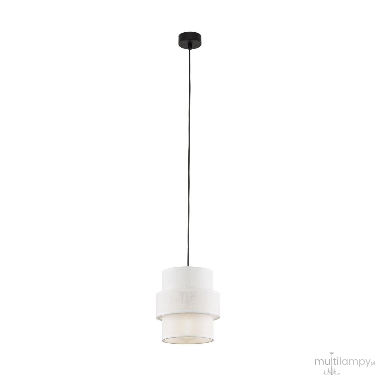 Lampa wisząca Calisto D20 z jednym gwintem E27, w kolorze czarnym i białym. Składa się z dwóch cylindrycznych kloszy: górny biały, dolny przezroczysty, zawieszona na czarnym przewodzie. Idealna do nowoczesnych wnętrz.