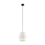 Lampa wisząca Calisto D20 z jednym gwintem E27, w kolorze czarnym i białym. Składa się z dwóch cylindrycznych kloszy: górny biały, dolny przezroczysty, zawieszona na czarnym przewodzie. Idealna do nowoczesnych wnętrz.