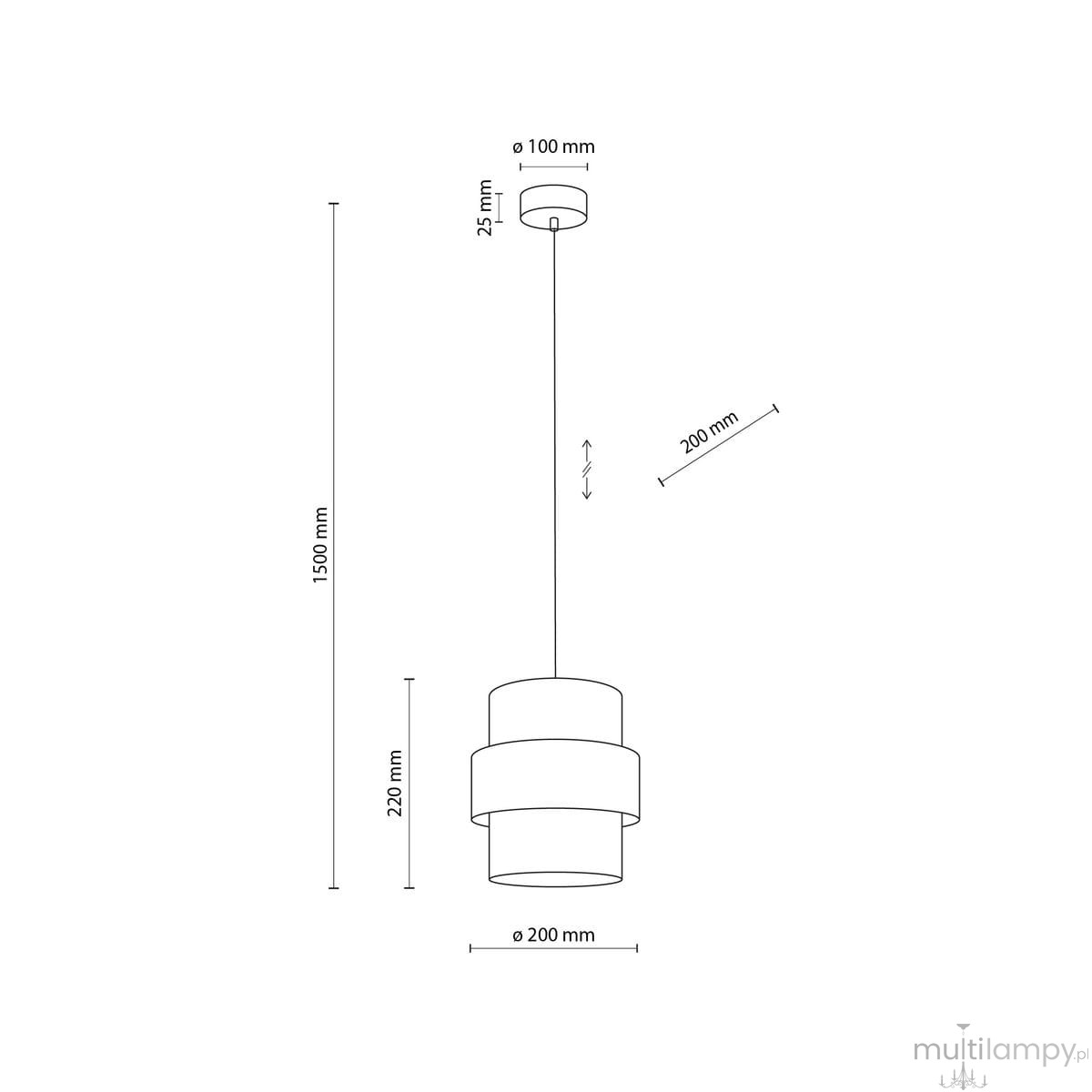 Lampa wisząca Calisto D20 z oprawą w kolorze czarnym i białym, z jedną żarówką E27. Produkt ma średnicę 200 mm i wysokość 220 mm, zawieszony na kablu o długości 1500 mm. Kształt cylindryczny, nowoczesny design.