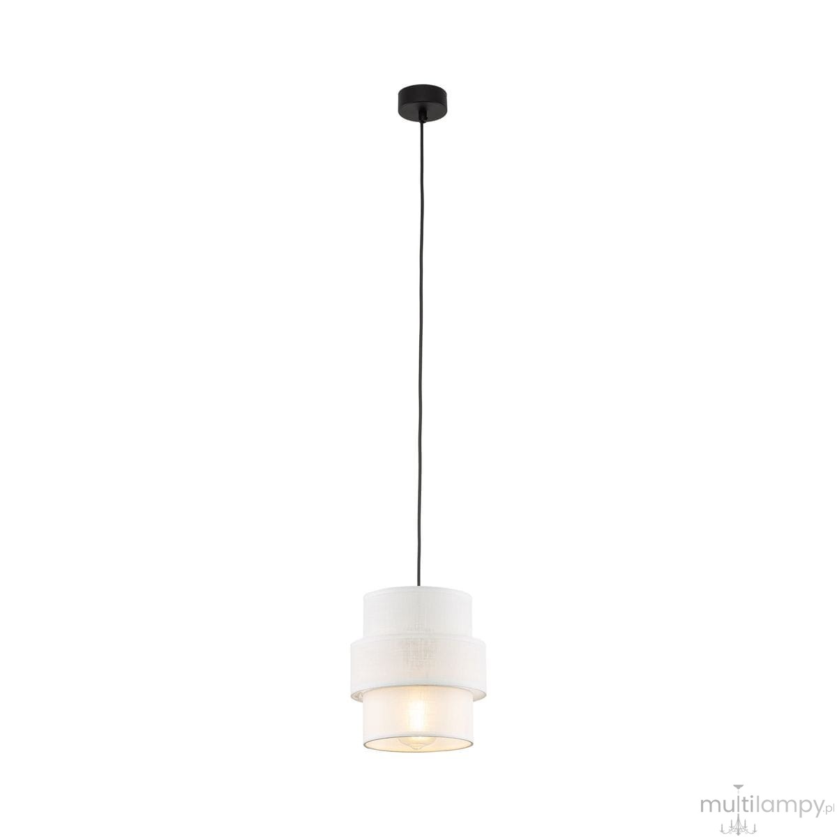 Lampa wisząca Calisto D20 z jednym gniazdem E27, w kolorze czarnym i białym. Składa się z dwóch cylindrycznych kloszy, zewnętrzny biały, wewnętrzny przezroczysty. Zawieszona na czarnym przewodzie, z okrągłym, czarnym mocowaniem sufitowym.