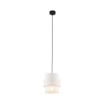 Lampa wisząca Calisto D20 z jednym gniazdem E27, w kolorze czarnym i białym. Składa się z dwóch cylindrycznych kloszy, zewnętrzny biały, wewnętrzny przezroczysty. Zawieszona na czarnym przewodzie, z okrągłym, czarnym mocowaniem sufitowym.