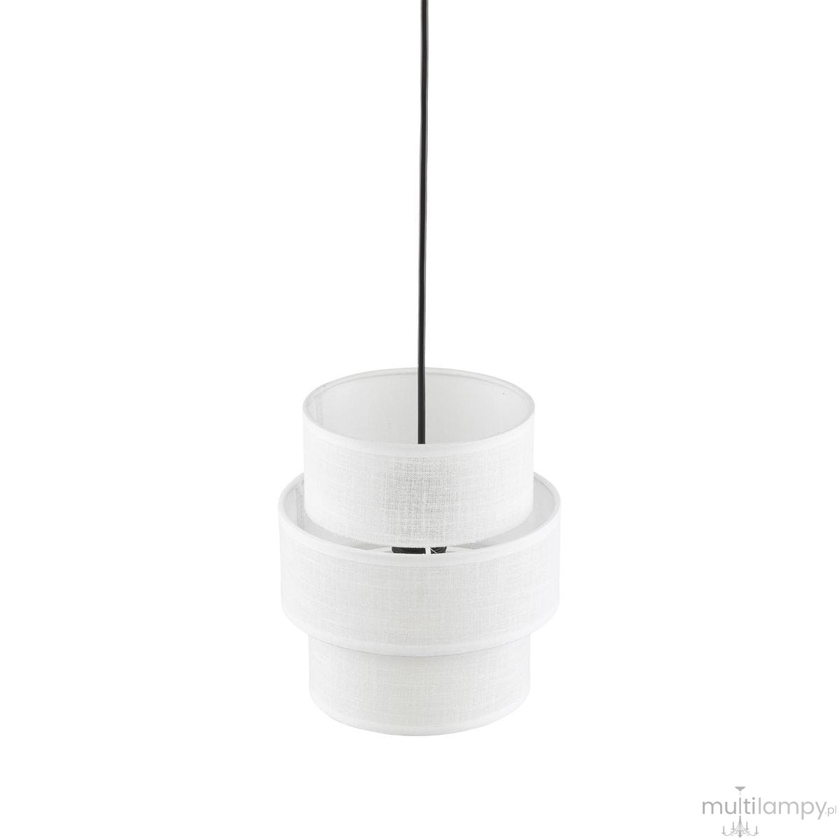 Lampa wisząca Calisto D20 z białymi abażurami w kształcie cylindrów, zawieszona na czarnym przewodzie. Produkt ma jedno gniazdo E27, widoczny jest detal konstrukcji z metalowym mocowaniem na górze.