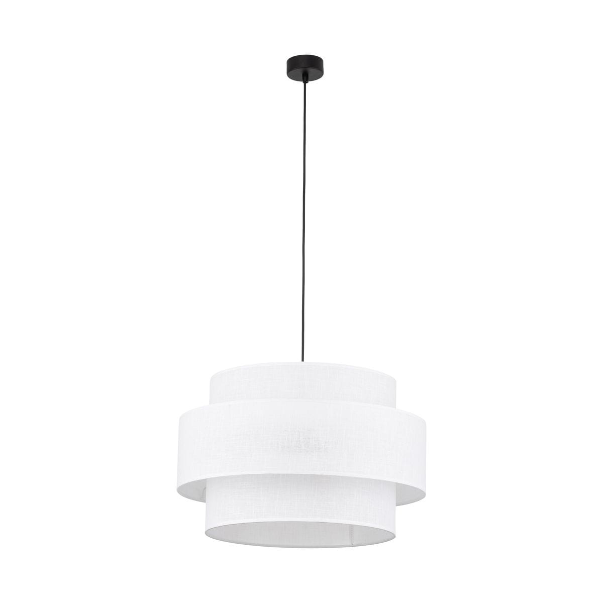 Lampa wisząca Calisto D50 w kolorze biało-czarnym, z trzema oprawami E27. Posiada trzy pierścienie w kształcie cylindrów, wykonane z materiału, zawieszona na czarnym przewodzie. Idealna do nowoczesnych wnętrz.