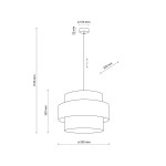 Lampa wisząca Calisto D50 w kolorze czarnym i białym, przeznaczona na trzy żarówki E27. Posiada cylindryczny kształt z dwoma warstwami klosza. Wymiary: średnica 500 mm, wysokość 1100 mm. Zawieszona na regulowanym kabelku.