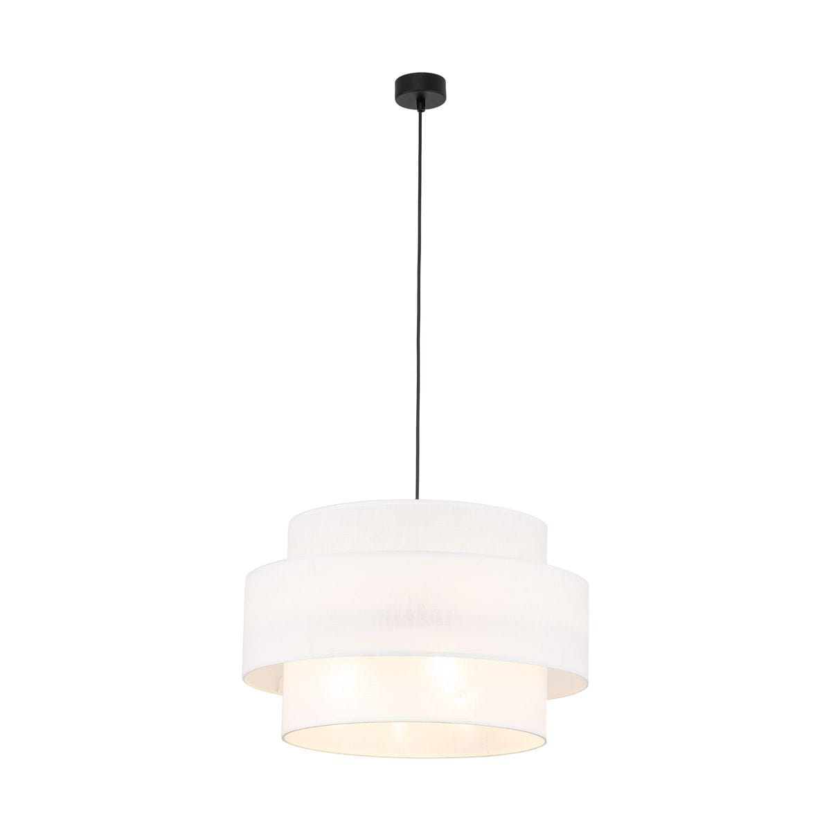 Lampa wisząca Calisto D50 w kolorze czarnym i białym, składająca się z trzech okrągłych, transparentnych kloszy. Zawieszona na cienkim czarnym przewodzie, z prostym, okrągłym mocowaniem sufitowym. Idealna do nowoczesnych wnętrz.