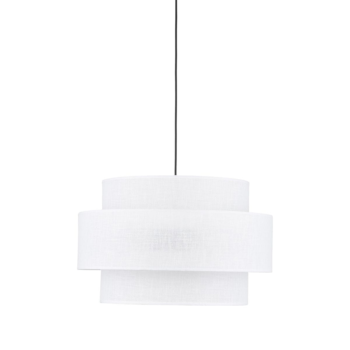 Lampa wisząca Calisto D50 w kolorze czarnym i białym, z trzema oprawami E27. Posiada dwie okrągłe, białe klosze z teksturowanego materiału, zawieszone na czarnym kablu. Ujęcie z przodu, produkt w pozycji wiszącej.