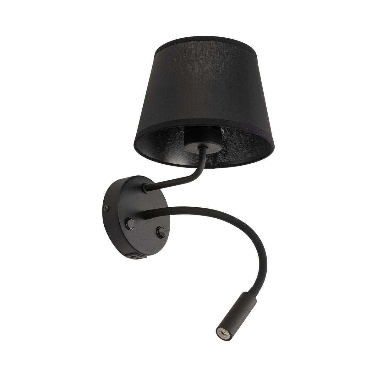 Kinkiet Maja w kolorze czarnym z abażurem. Posiada port USB oraz gniazdo E27 i G9. Uchwyt o elastycznym ramieniu, zamontowany na okrągłej podstawie. Widoczne przyciski do włączania/wyłączania.