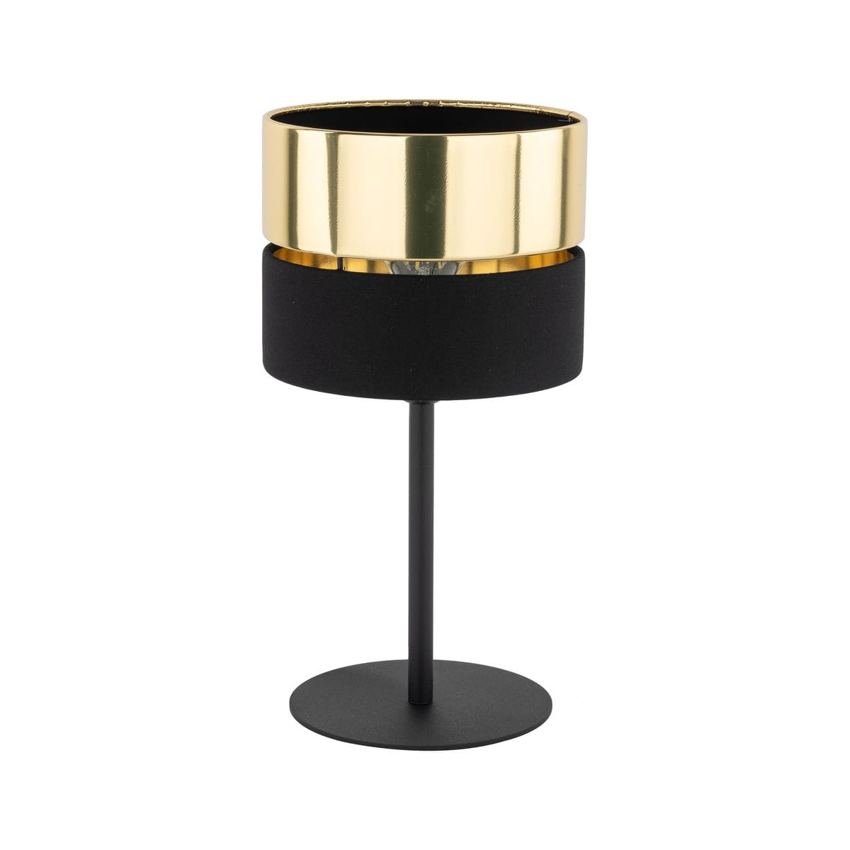 Lampa stołowa Hilton 1xE27 w kolorze czarnym i złotym, z cylindrycznym kloszem z metalu na czarnej podstawie. Produkt stoi na okrągłej podstawie, z widoczną złotą powłoką u góry.