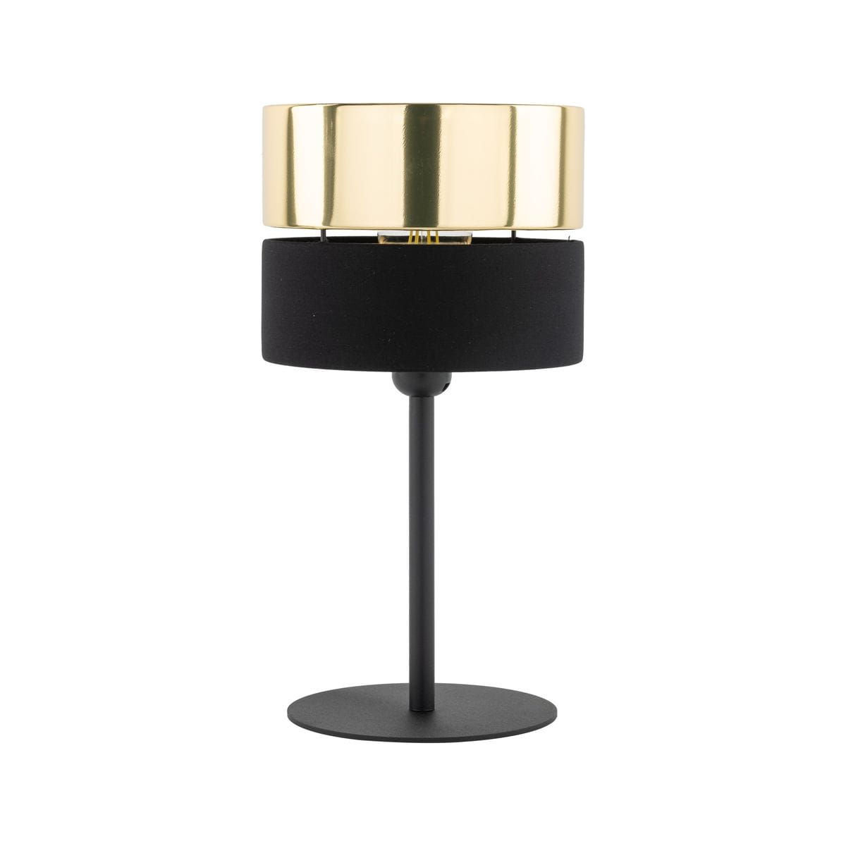 Lampa stołowa Hilton z jedną oprawą E27, czarna baza z matowego materiału, złoty klosz o okrągłym kształcie, stojąca na okrągłej podstawie. Minimalistyczny design, idealna do nowoczesnych wnętrz.