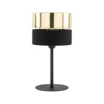 Lampa stołowa Hilton z jedną oprawą E27, czarna baza z matowego materiału, złoty klosz o okrągłym kształcie, stojąca na okrągłej podstawie. Minimalistyczny design, idealna do nowoczesnych wnętrz.