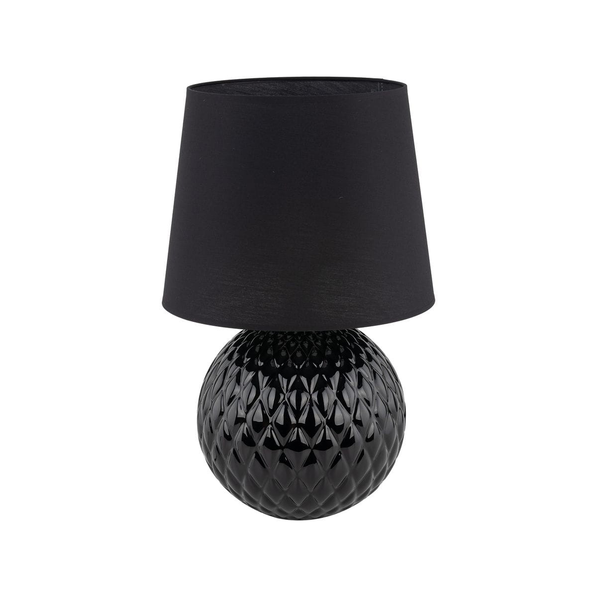 Lampa stołowa Santana 1xE27 w kolorze czarnym z dekoracyjną, teksturowaną podstawą w kształcie kuli i cylindrycznym, materiałowym kloszem. Ujęcie frontalne, lampa stojąca.