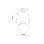 Lampa stołowa Santana w kolorze białym, z abażurem o średnicy 290 mm i kulistą podstawą o średnicy 390 mm. Wysokość całkowita wynosi 600 mm, a wysokość abażura to 300 mm. Prosta, elegancka forma, idealna do różnych wnętrz.