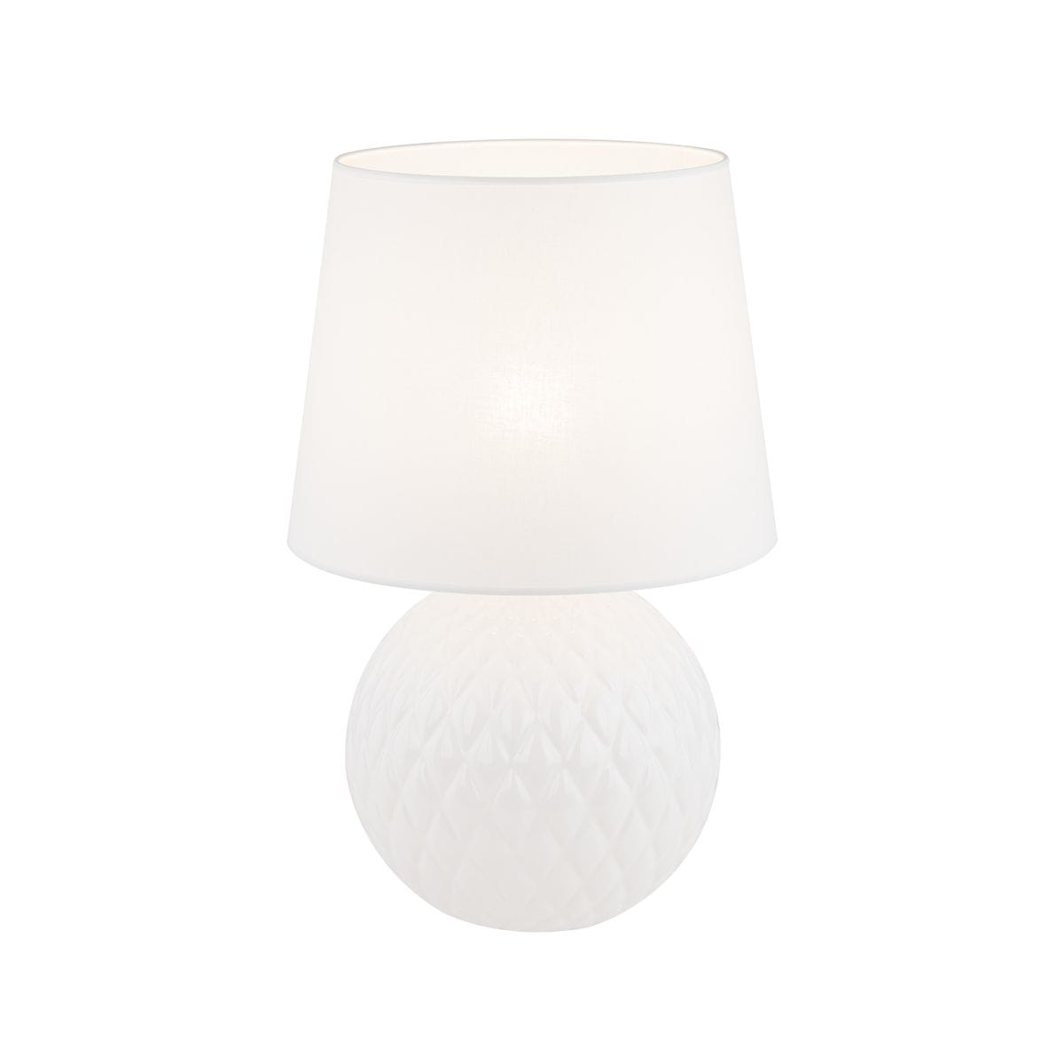Lampa stołowa Santana z białym abażurem i kulistą podstawą o teksturze w kształcie rombów. Ujęcie frontalne, produkt stoi na płaskiej powierzchni. Wymiary i detale nie są widoczne.