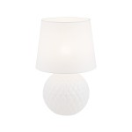 Lampa stołowa Santana z białym abażurem i kulistą podstawą o teksturze w kształcie rombów. Ujęcie frontalne, produkt stoi na płaskiej powierzchni. Wymiary i detale nie są widoczne.