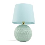 Lampa stołowa Santana z podstawą w kształcie kuli w kolorze miętowym i abażurem w jasnym błękicie. Posiada metalowy element w kolorze złotym, kabel z wtyczką. Ujęcie frontalne, na jednolitym tle.