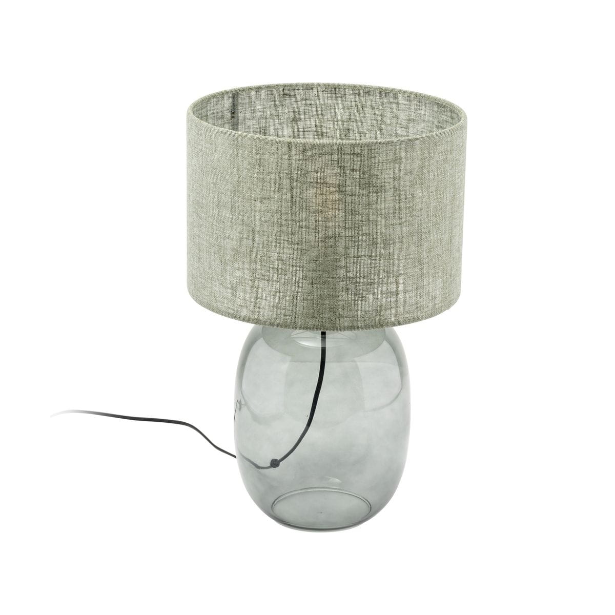 Lampa stołowa Melody z grafitowym, szklanym korpusem i zielonym, tekstylnym kloszem. Ujęcie frontalne, lampa stoi na płaskiej powierzchni, widoczny przewód zasilający. Klosz ma okrągły kształt i delikatną fakturę materiału.