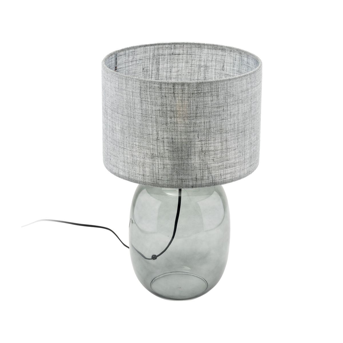 Melody lampa stołowa z grafitowym, tekstylnym kloszem oraz przezroczystą, szklaną podstawą. Lampa ma okrągły kształt, a kabel zasilający jest widoczny z boku. Idealna do nowoczesnych aranżacji wnętrz.