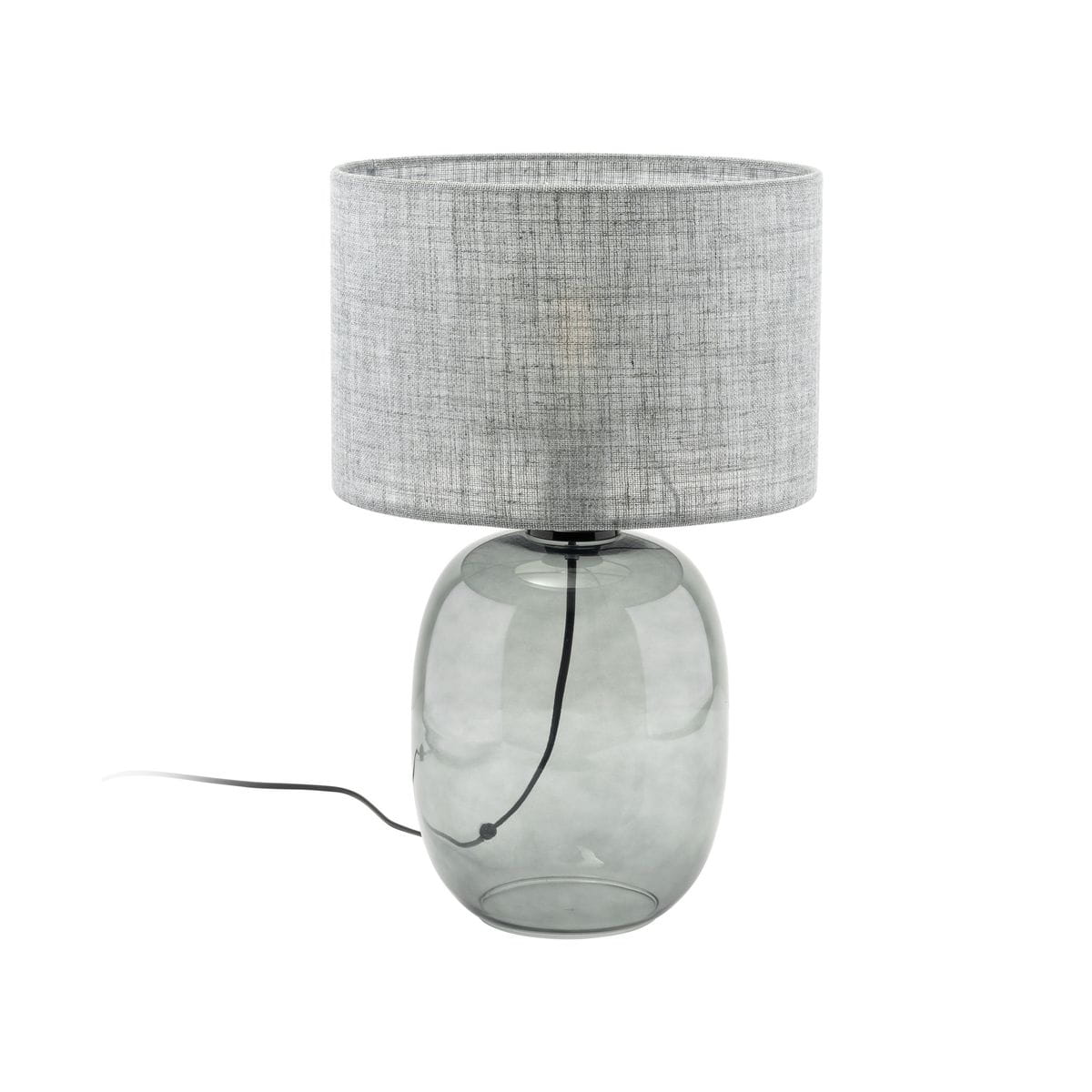 Lampa stołowa Melody z grafitowym, szklanym korpusem w kształcie owalnym oraz szarym, tekstylnym kloszem. Ujęcie frontalne, widoczny przewód zasilający. Idealna do nowoczesnych wnętrz.