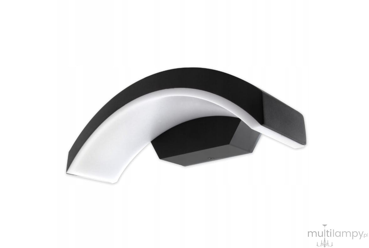 Kinkiet elewacyjny LED/9W w kolorze czarnym, o nowoczesnym, zaokrąglonym kształcie. Montowany na ścianie, z białą, lekko wypukłą osłoną, która emituje światło. Widok z boku, ukazuje elegancką konstrukcję i ścienny montaż.