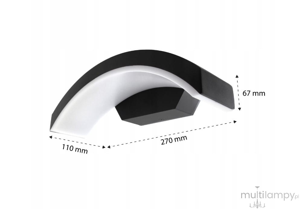 Kinkiet elewacyjny LED Bella w kolorze czarnym, z zaokrąglonym kształtem. Wymiary: 270 mm długości, 110 mm szerokości, 67 mm wysokości. Materiał metalowy z białą osłoną, montowany na ścianie. Idealny do oświetlenia zewnętrznego.