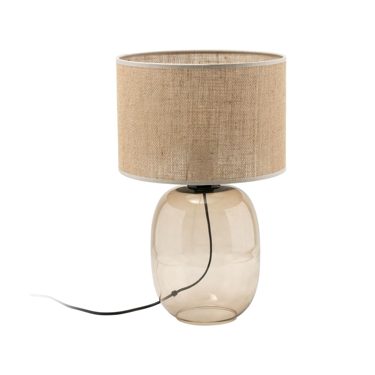 Lampa stołowa Melody z kloszem w kolorze bursztynowym i brązowym, o owalnym szklanym korpusie. Klosz z naturalnego materiału w odcieniu beżowym, z białą lamówką. Widoczny przewód zasilający. Stoi na płaskiej powierzchni.