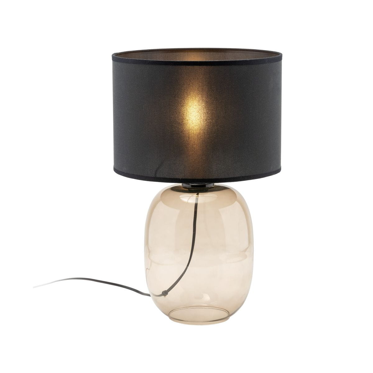 Lampa stołowa Melody z bursztynowym, szklanym kloszem i czarnym materiałowym abażurem. Ujęcie frontalne, stojąca na płaskiej powierzchni, widoczny kabel zasilający. Klosz okrągły, w górnej części lekko przezroczysty.