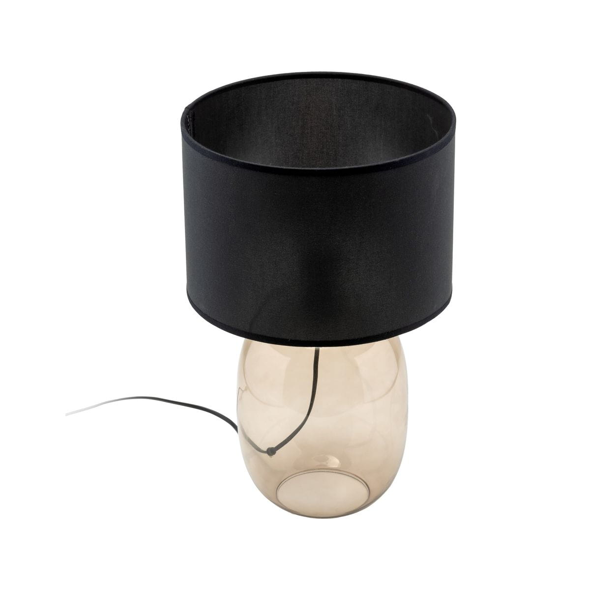 Lampa stołowa Melody z jedną oprawą E27, z bursztynowym, szklanym korpusem i czarnym, materiałowym abażurem. Ujęcie z góry, prezentujące kształt owalny, z widocznym kablem zasilającym. Tło jednolite, podkreślające detale lampy.
