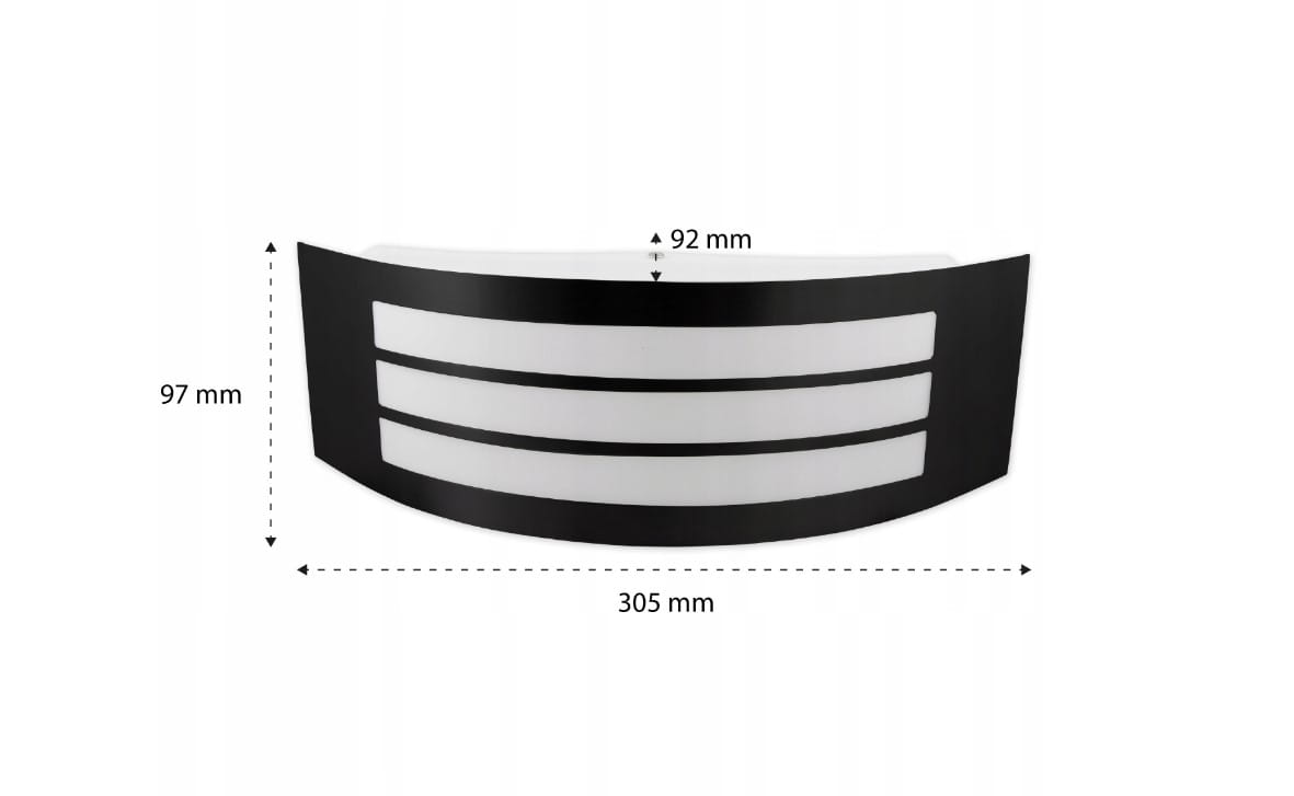 Kinkiet elewacyjny Doris w kolorze czarnym, z białymi panelami. Wymiary: 305 mm szerokości, 97 mm wysokości, 92 mm głębokości. Uformowany w lekko zakrzywioną formę z poziomymi wstawkami, przeznaczony do montażu na ścianie.