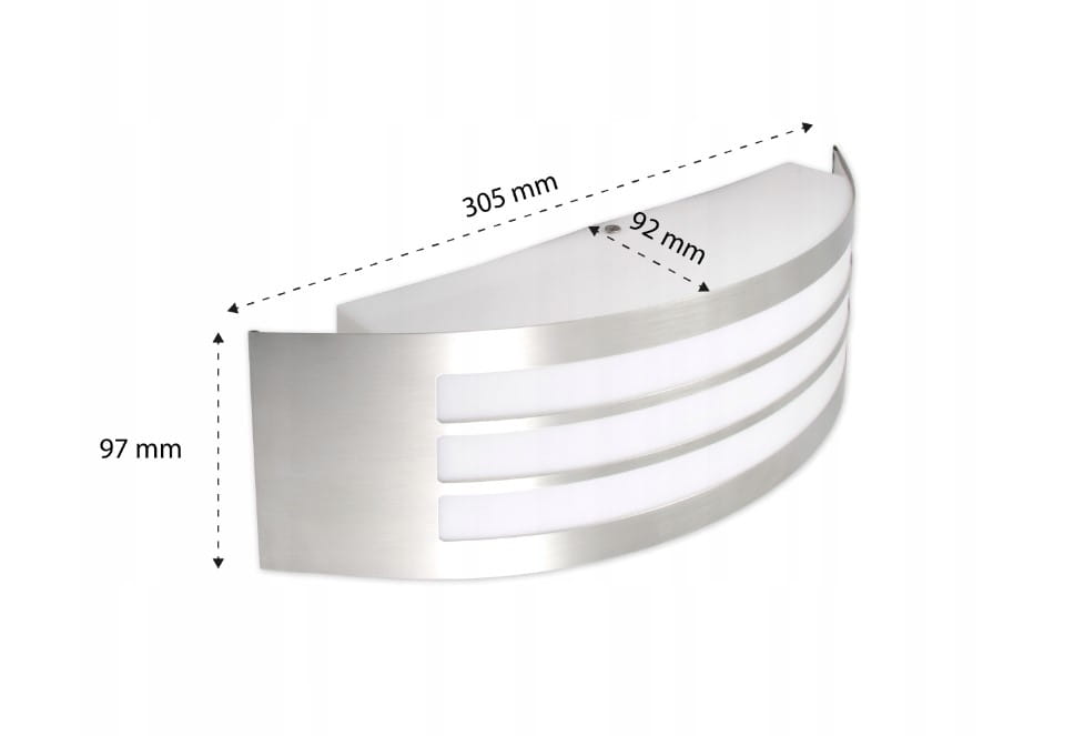 Kinkiet elewacyjny Doris w kolorze srebrnym, o wymiarach 305 mm długości, 97 mm wysokości i 92 mm głębokości. Posiada nowoczesny, półokrągły kształt z trzema poziomymi szczelinami, przez które przechodzi światło.